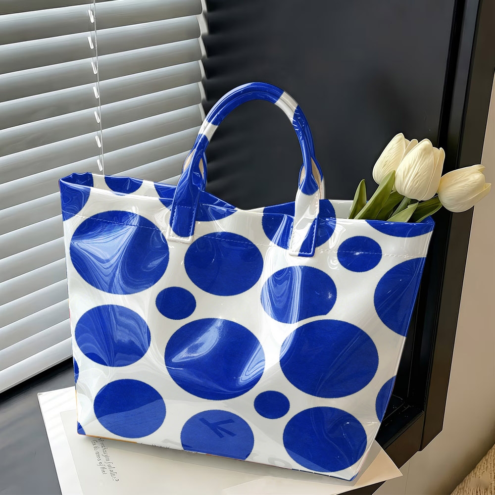 Structured Handbag Top Handle - Glossy PVC Tote Bag Large Polka