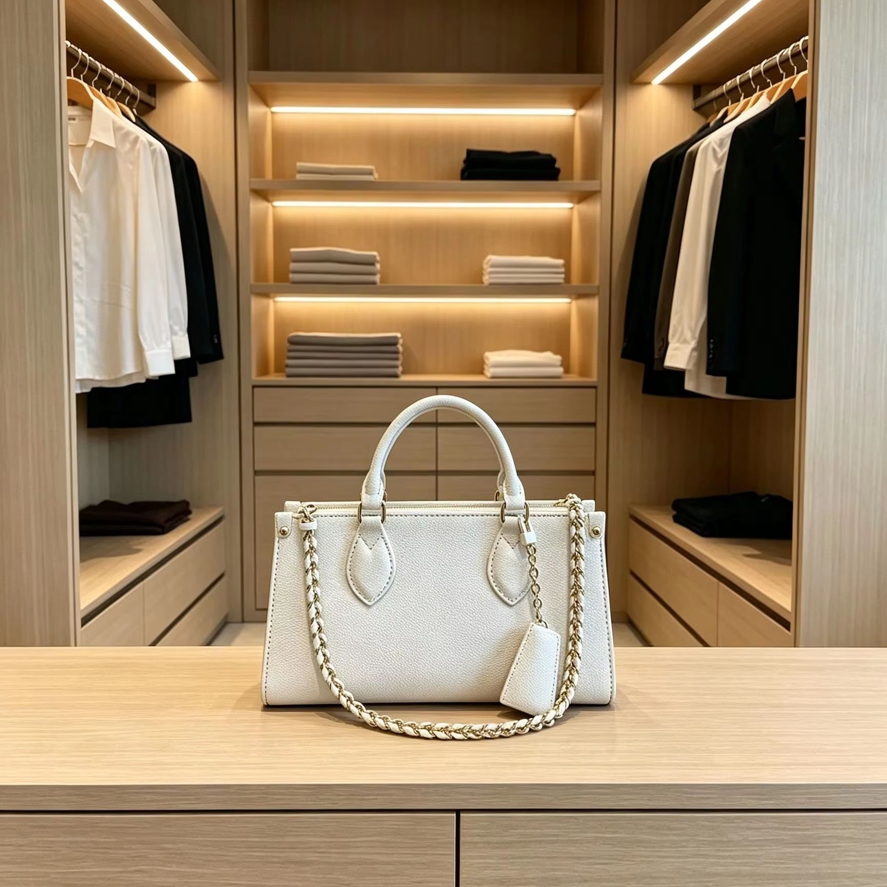 Structured Handbag Top Handle - White Pebbled Faux Leather Top Handle