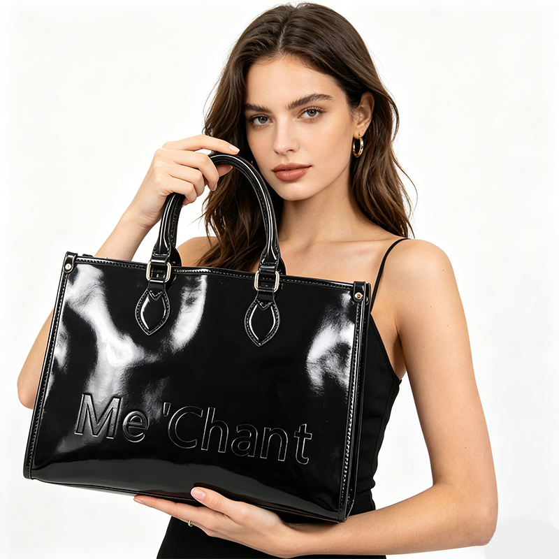 Women Black Glossy Patent PU L - Structured Handbag Top Handle review and price